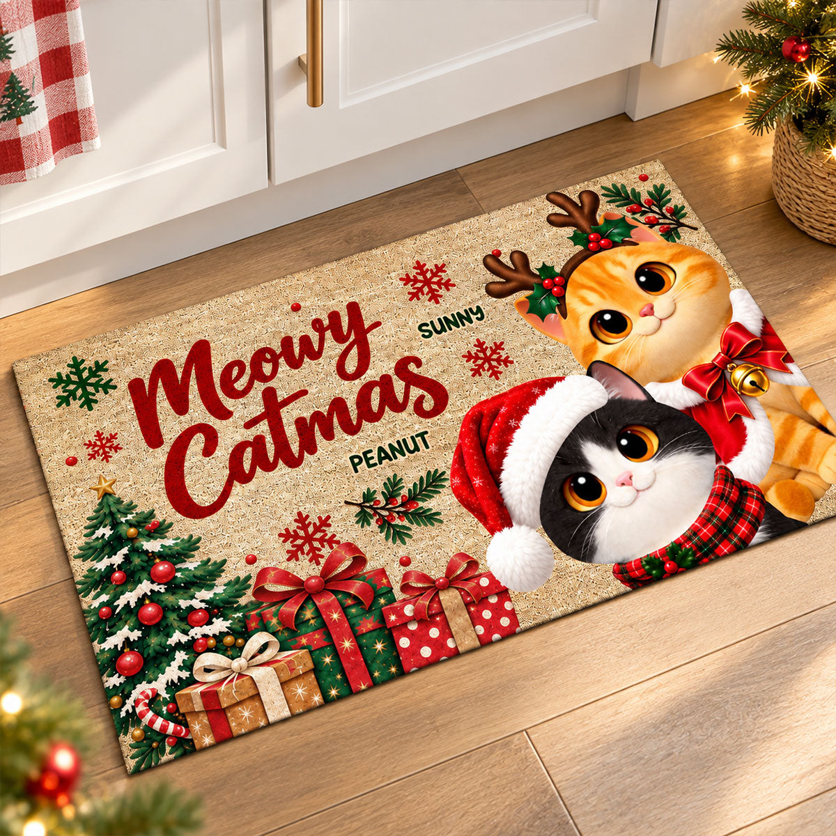 Festive Christmas Meowy Catmas Cute Cats - Personalized Doormat - Christmas Gift For Cat Lovers, Christmas Decor