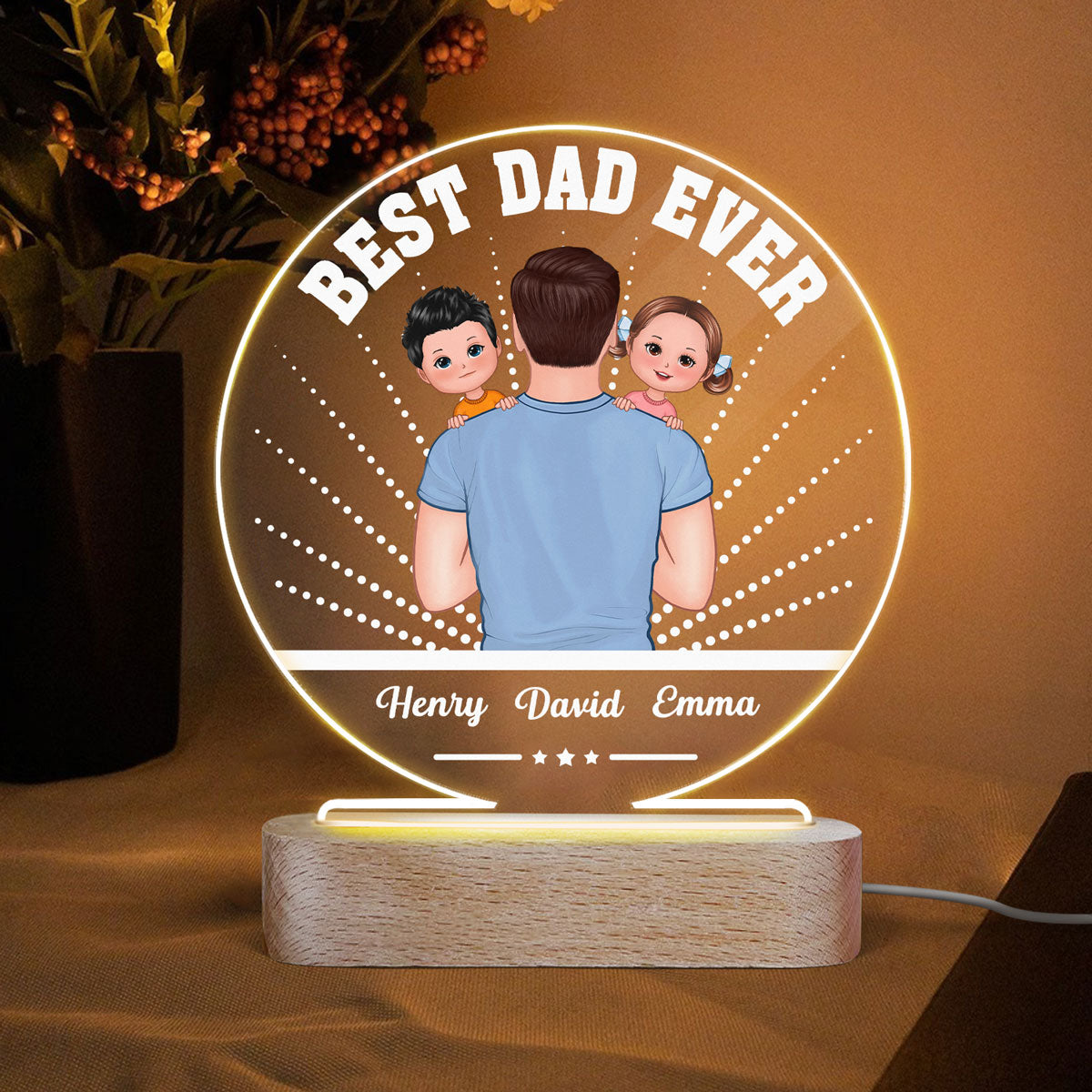 Best Dad Ever Dad Holding Kids On Shoulder Personalized Circle LED Night Light