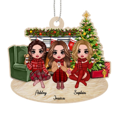 Christmas Sitting Doll Best Friends Sisters At Fireplace Personalized Wooden Ornament