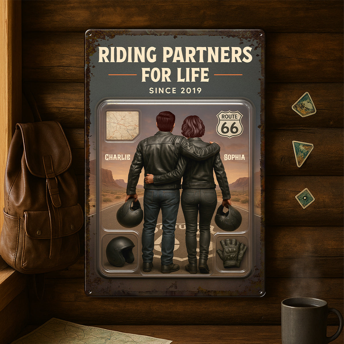 3D Effect Custom Figure Couple Bikers Riding Partners For Life Personalized Metal Sign