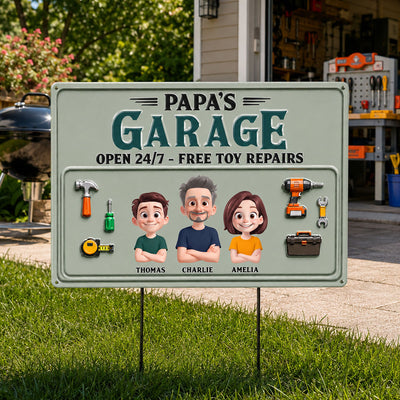 Dad's Garage Open 24/7 Free Toy Repairs - Personalized Metal Sign - Heartfelt Gift For Dad, Grandpa, Husband