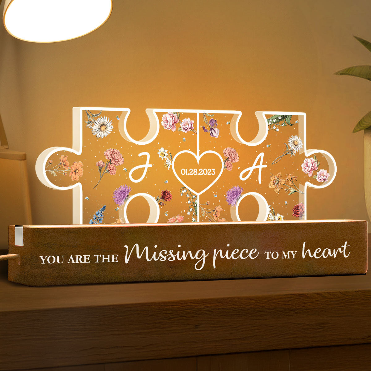 Couple Initials Puzzle Pieces Floral Theme  Gift Personalized Acrylic Block LED Night Light