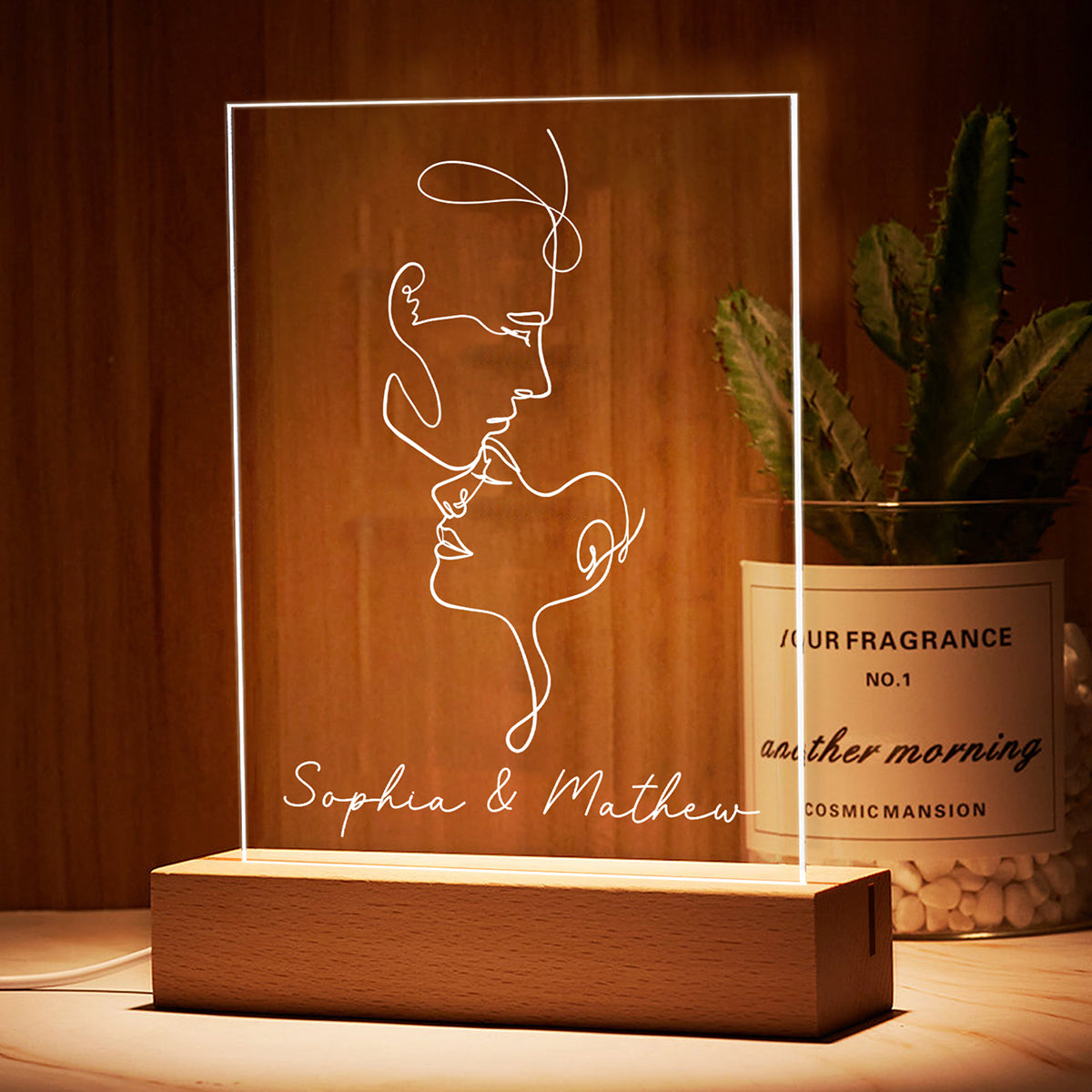 Couple Face Outline Personalized Rectangle Acrylic LED Lamp, LED Night Light, Gift For Him, Gift For Her