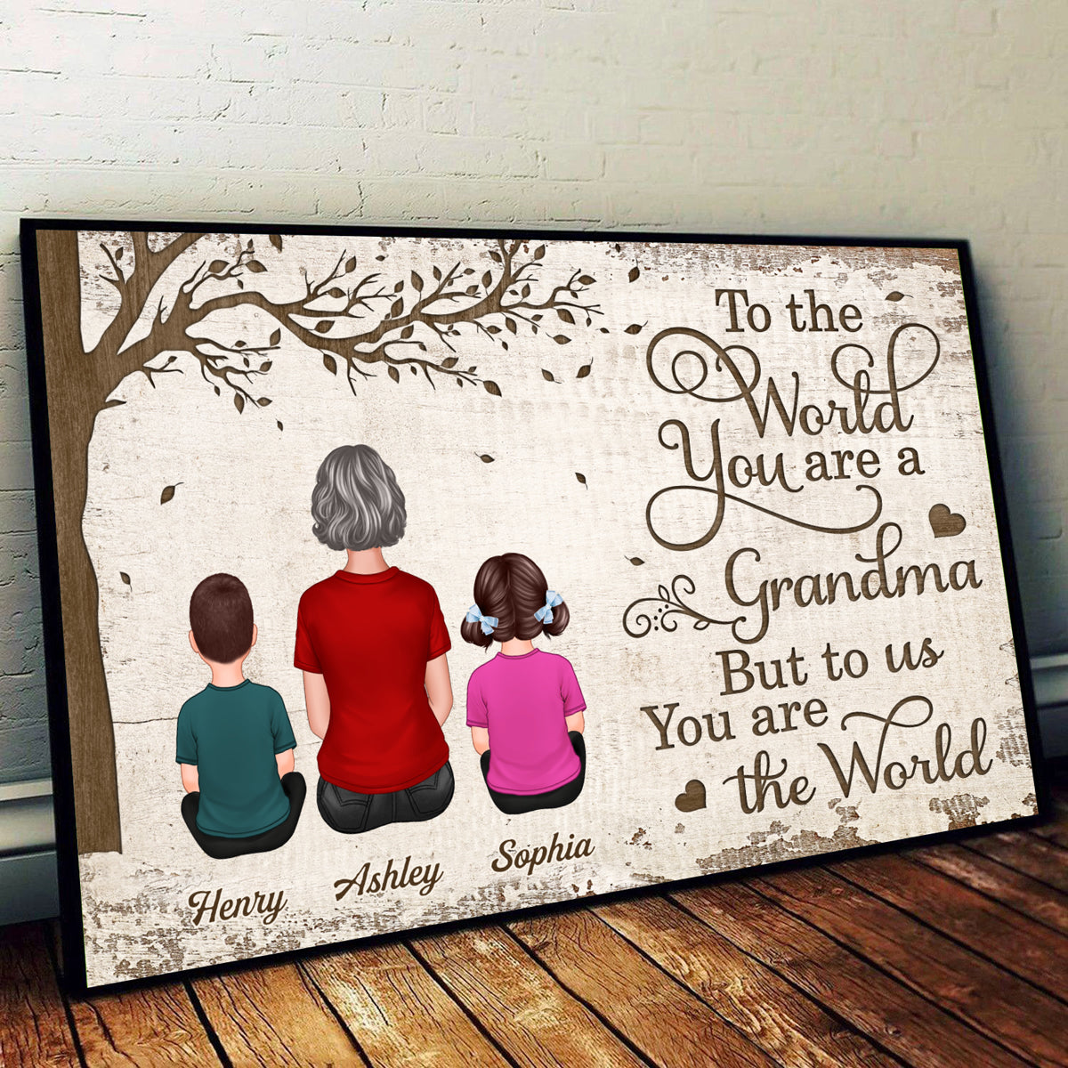 Back View Grandma Grandchildren Sitting Under Tree Mother‘s Day Gift For Grandma Personalized Horizontal Poster