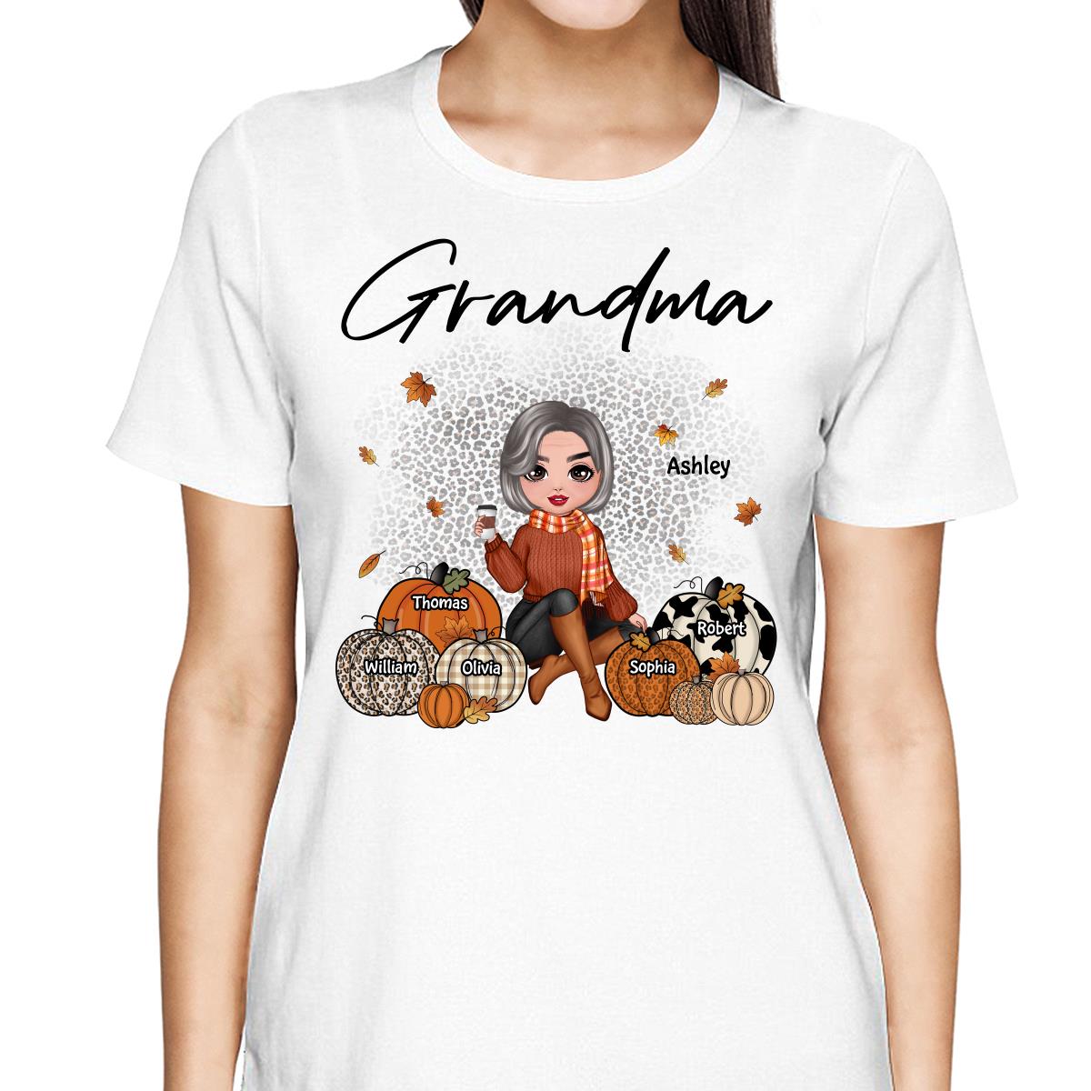 Fall Season Doll Grandma Sitting With Patterned Pumpkins Kids Names Personalized Shirt