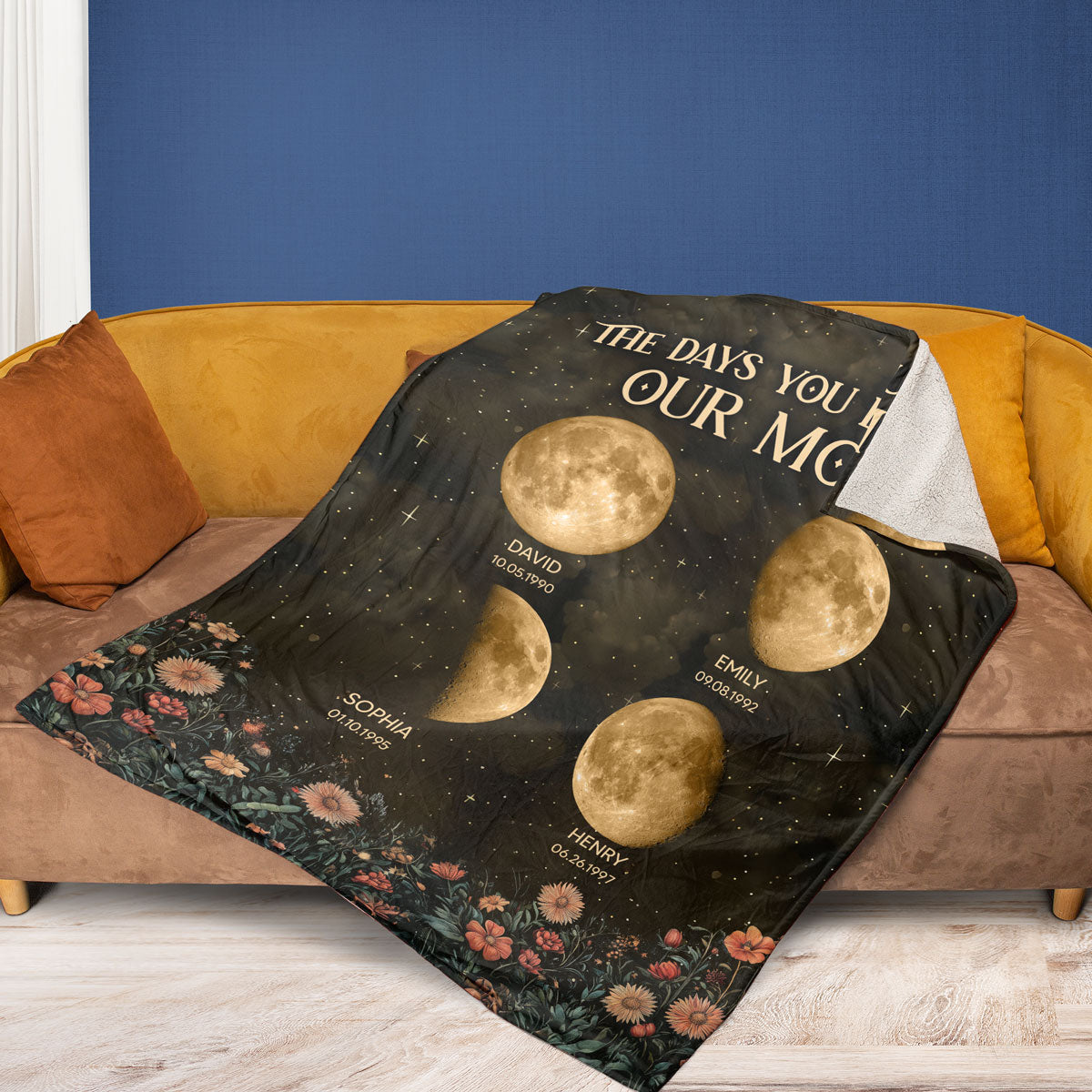Vintage Flowers The Day You Become Mom Grandma Custom Birth Moon Phase Personalized Fleece Blanket