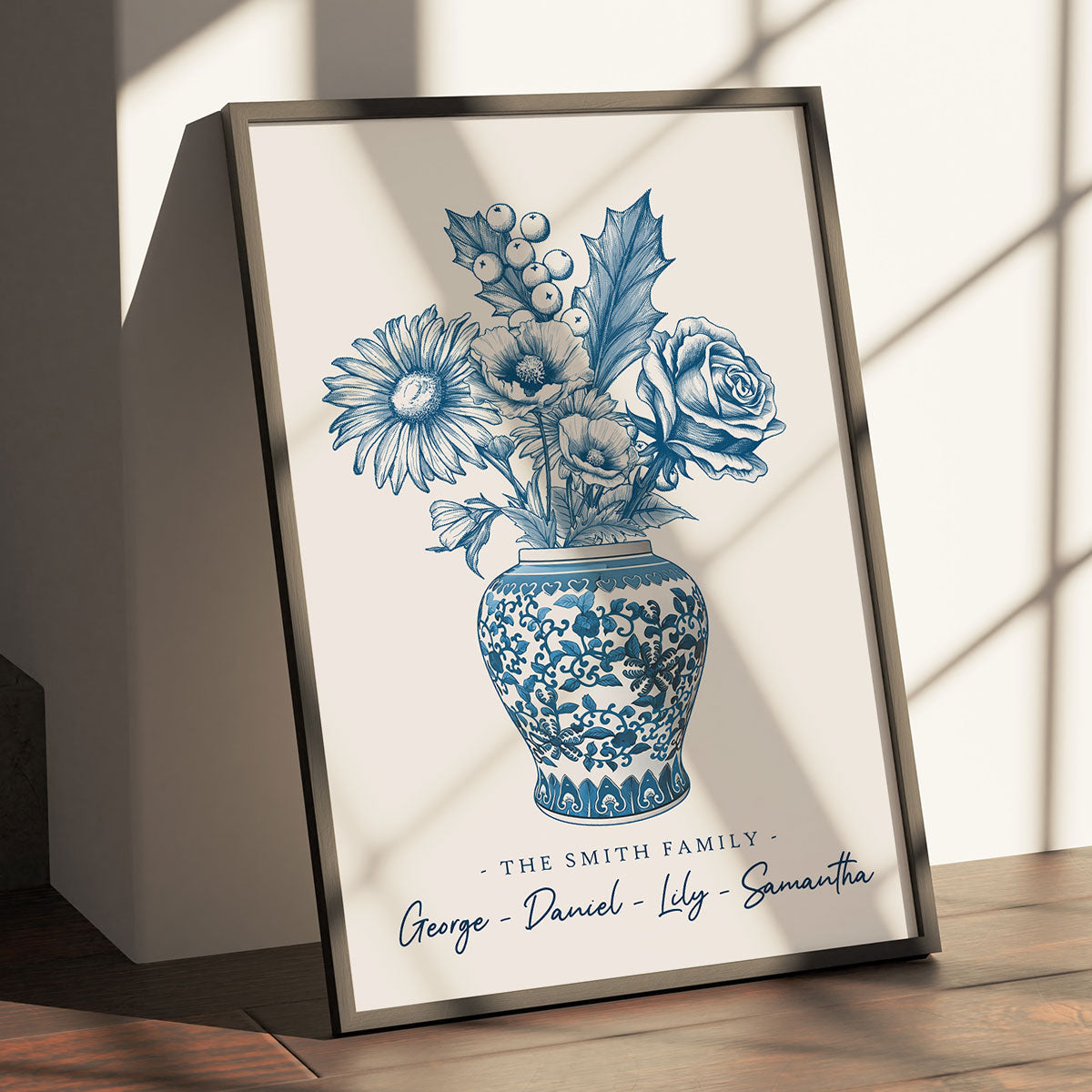 Family Birth Flower Blue Chinoiserie Vase Personalized Poster, Home Decor, Housewarming Gift