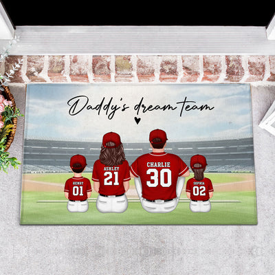 Daddy's Team Baseball Family Sitting Personalized Doormat, Father's Day Gift For Dad, Grandpa, Husband
