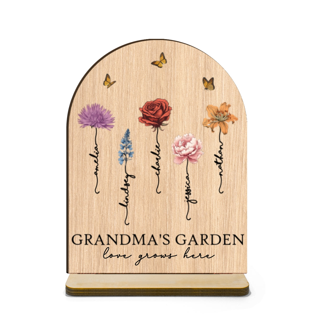 Grandma‘s Garden Love Grows Here Vintage Birth Flower Personalized Standing Wooden Plaque