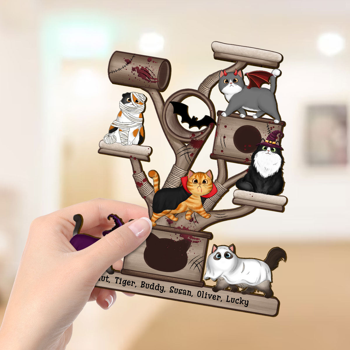 Halloween Cats Tower Personalized Wooden Standing Plaque, Halloween Decor