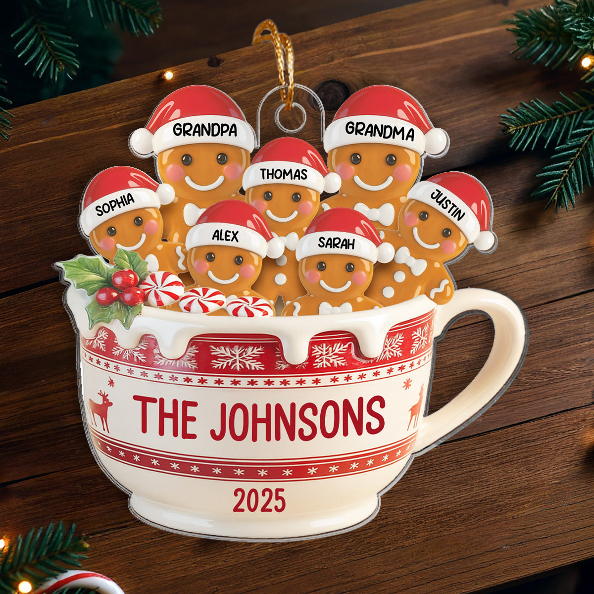 3D Effect Gingerbread Family In Hot Cocoa - Personalized Acrylic Ornament