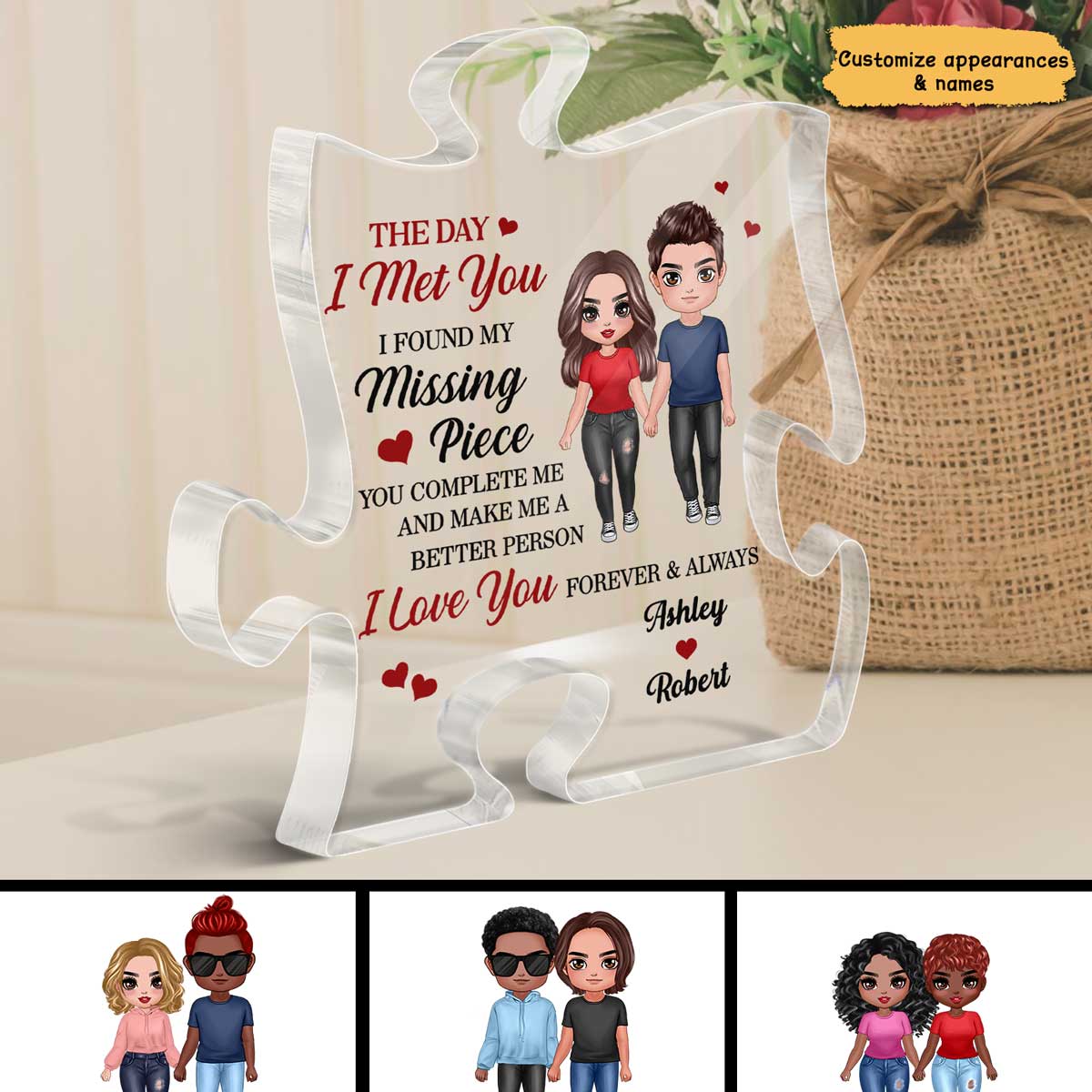 Doll Couple Found My Missing Piece Anniversary Gift For Him For Her Personalized Puzzle Acrylic Plaque
