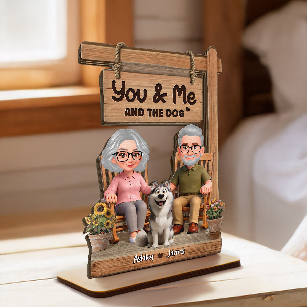 Old Couple On Rocking Chair & Dog 2D Flat - Personalized 2-Layered Wooden Plaque - Anniversary, Valentine's Day Gift For Him, Gift For Her