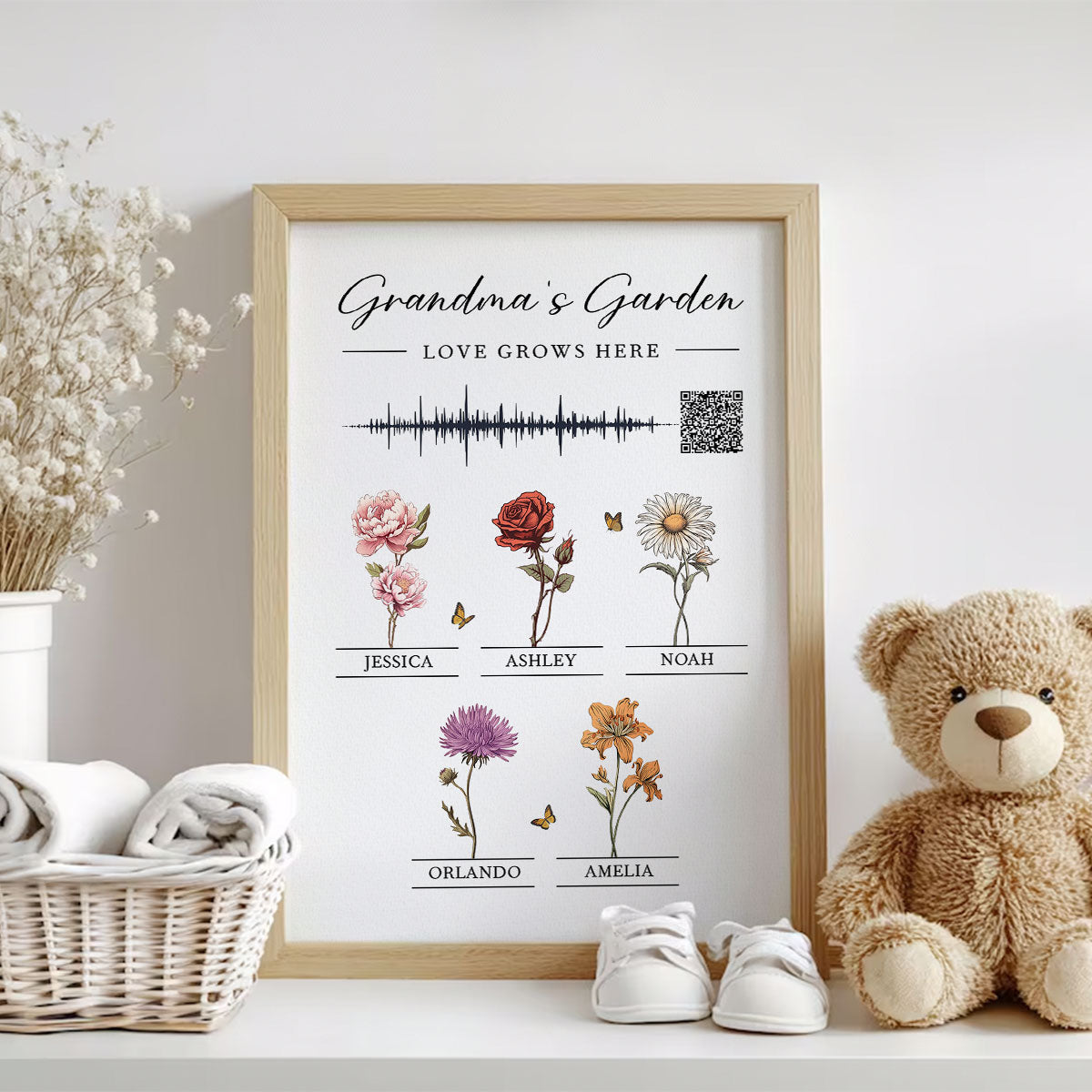 Grandma's Garden Birth Month Flowers Personalized Poster, Voice Recording Sound Wave, Gift for Mom Grandma, Custom Your Heartfelt Voice Message for her