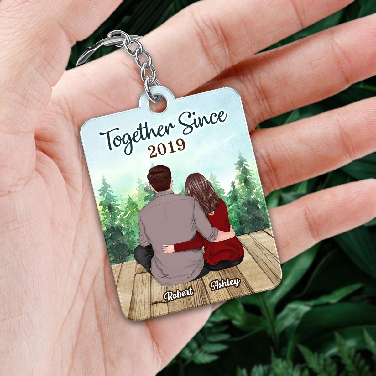 Forest Landscape Back View Couple Sitting Favorite Love Song Scannable QR Code Personalized Acrylic Keychain
