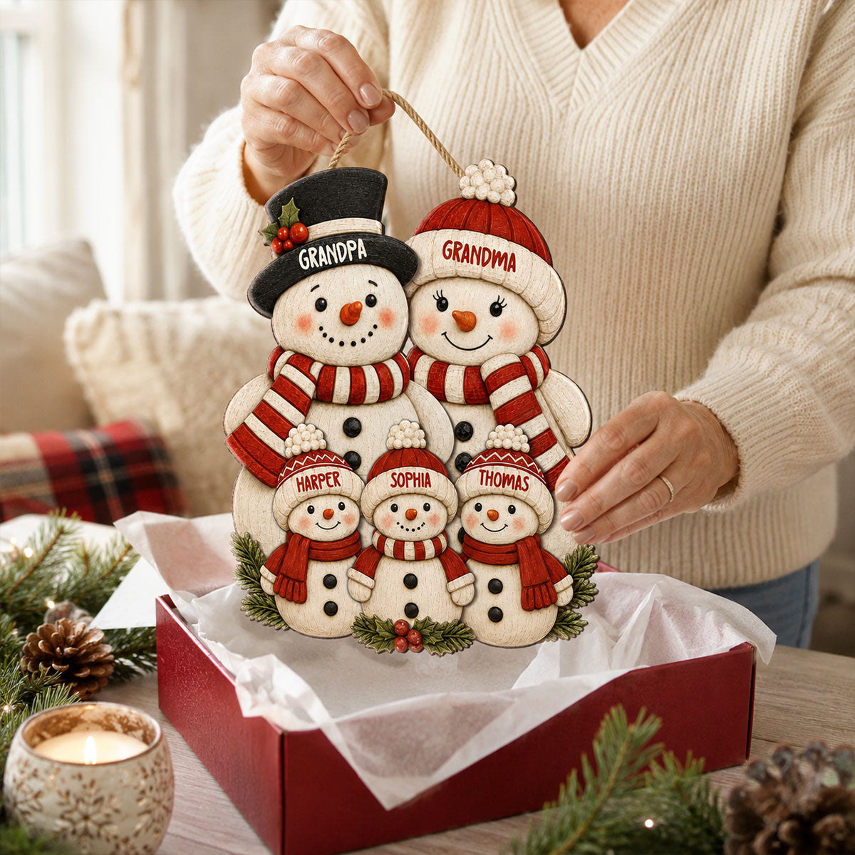 Cute Snowman Grandparents & Grandkids 2D Flat Printed - Personalized Wooden Sign - Christmas Decor For Family, Grandma, Grandpa