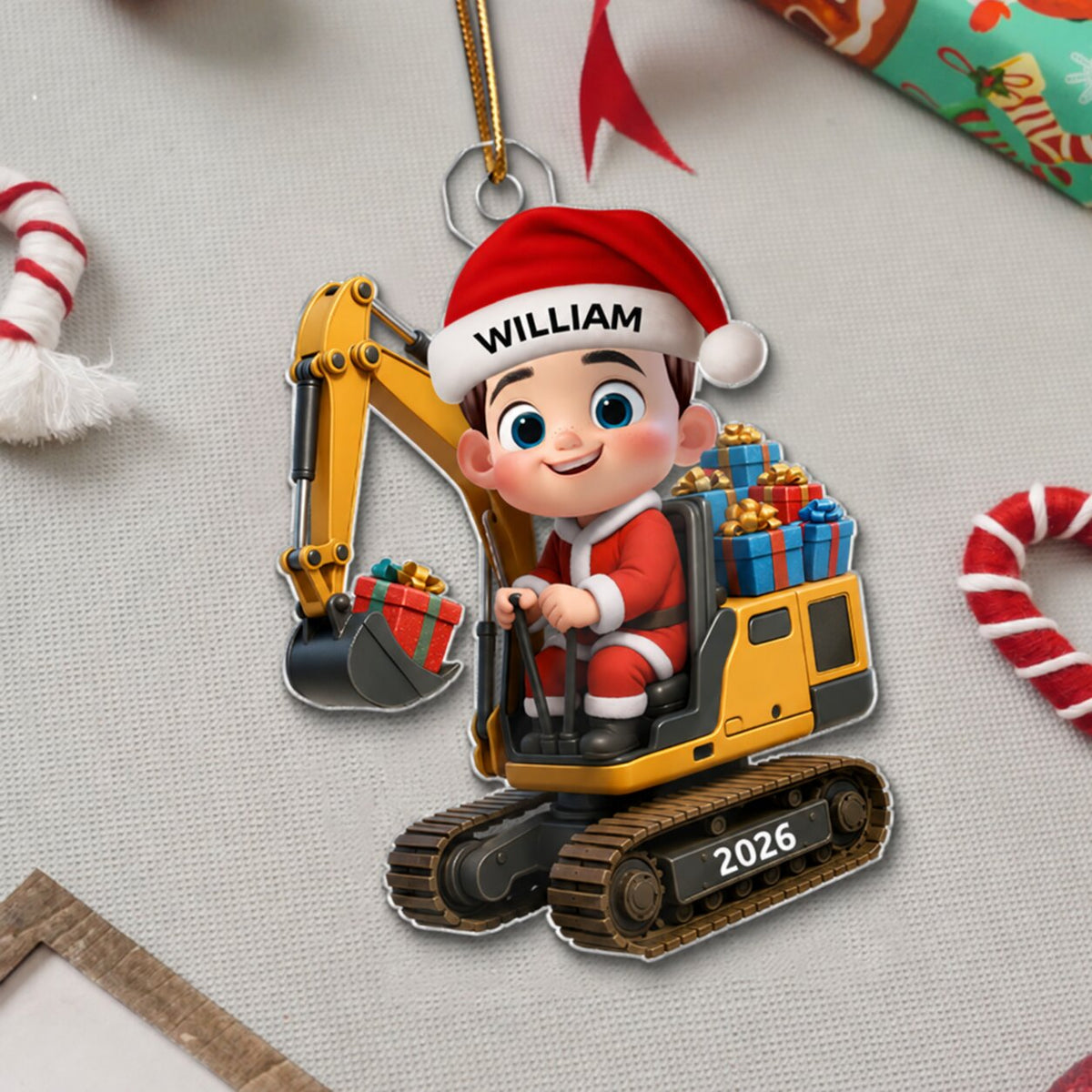3D Effect Cute Cartoon Kid With Christmas Excavator Personalized Acrylic Ornament, Christmas Gift For Grandkids, Kids