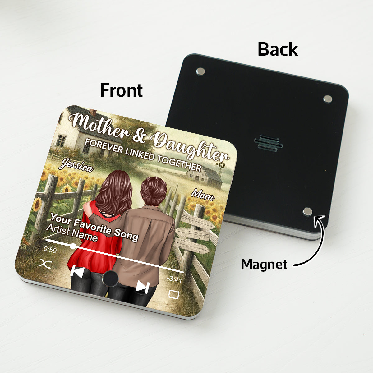 Mother & Daughter Forever Linked Together Personalized Music Fridge Magnet, Heartfelt Gift For Mom
