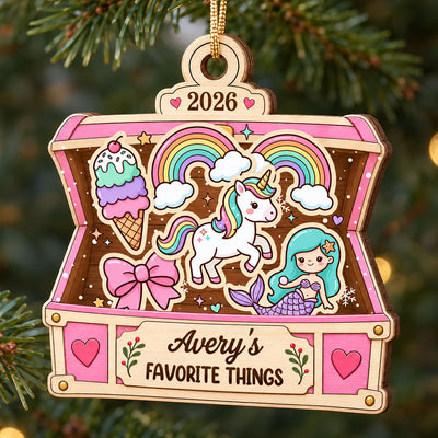 Kid's Favorite Things Treasure Chest 2D Flat Printed - Personalized Wooden Ornament - Custom Name & Favorite Things Keepsake Gift for Kids