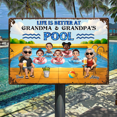 Life is Better at Grandma & Grandpa Pool Personalized Metal Sign, Grandchildren Welcome Sign, Grandparents Hosting Grandkids Summer Sign