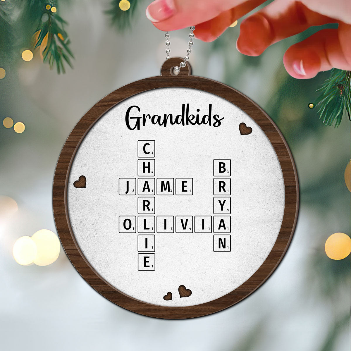 Grandkids Crossword Puzzle Art Newspaper Personalized 2-Layer Wooden Ornament, Christmas Gift For Grandma, Gift For Mom