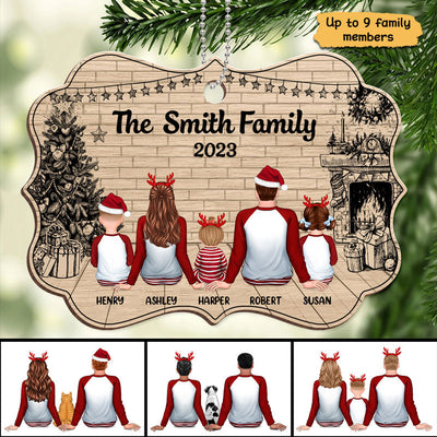 Pajamas Family Sitting In Fireplace Sketch Personalized Wooden Ornament