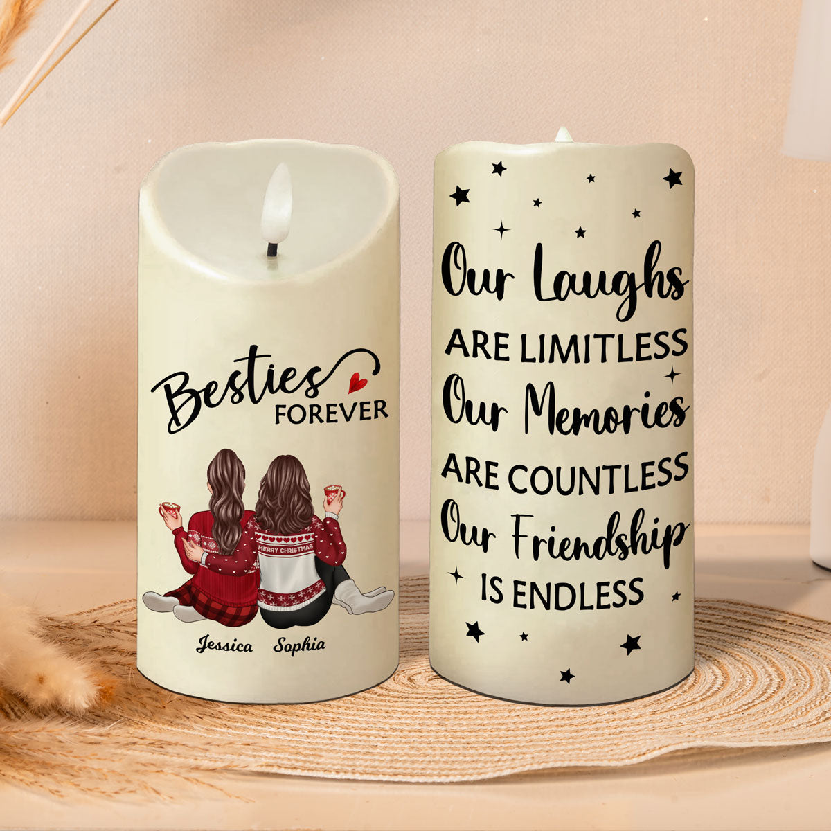 Besties Forever Message Christmas Besties Back View Personalized LED Candle