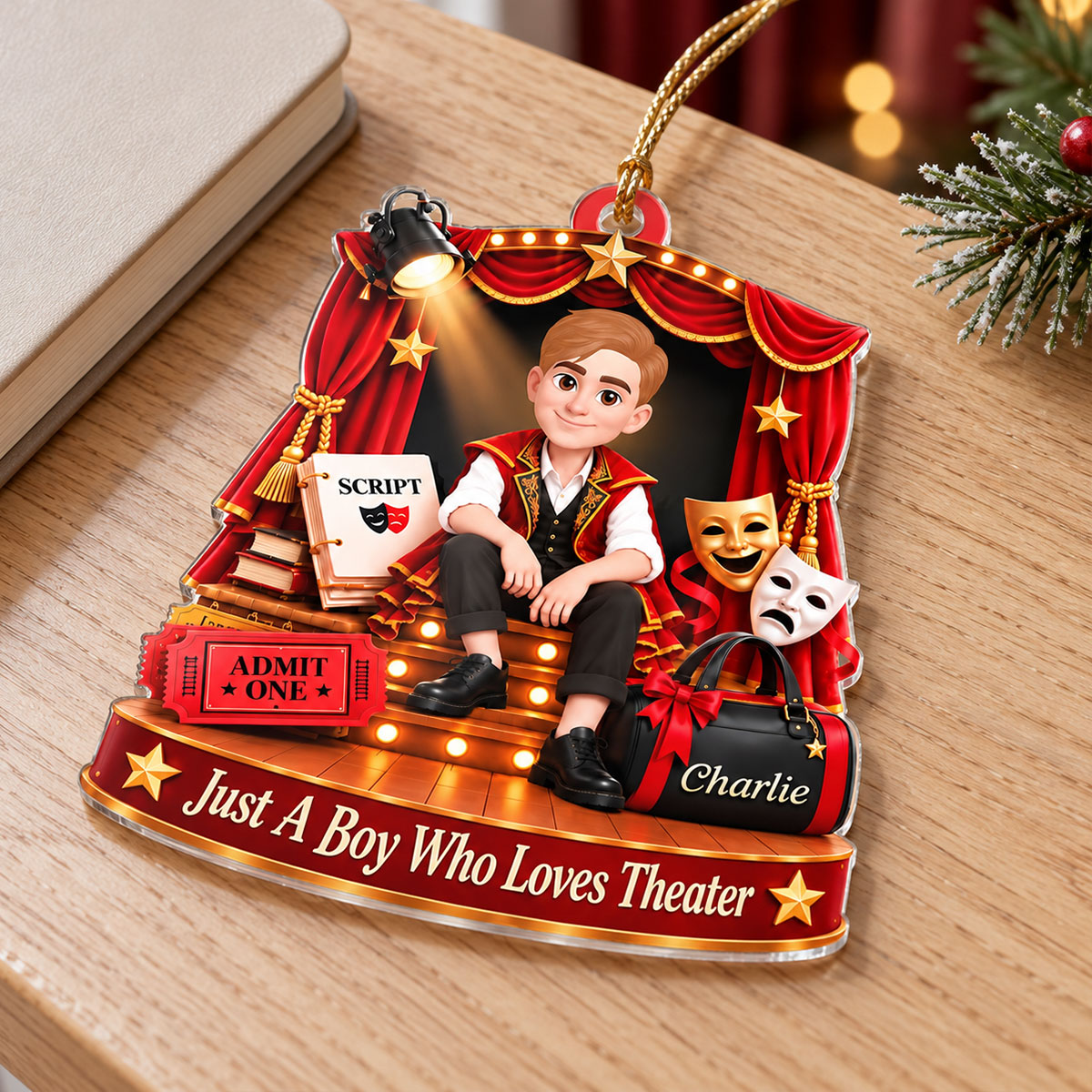 Just a Boy Who Loves Theater - Personalized Acrylic Ornament - Christmas Gift for Son, Grandson
