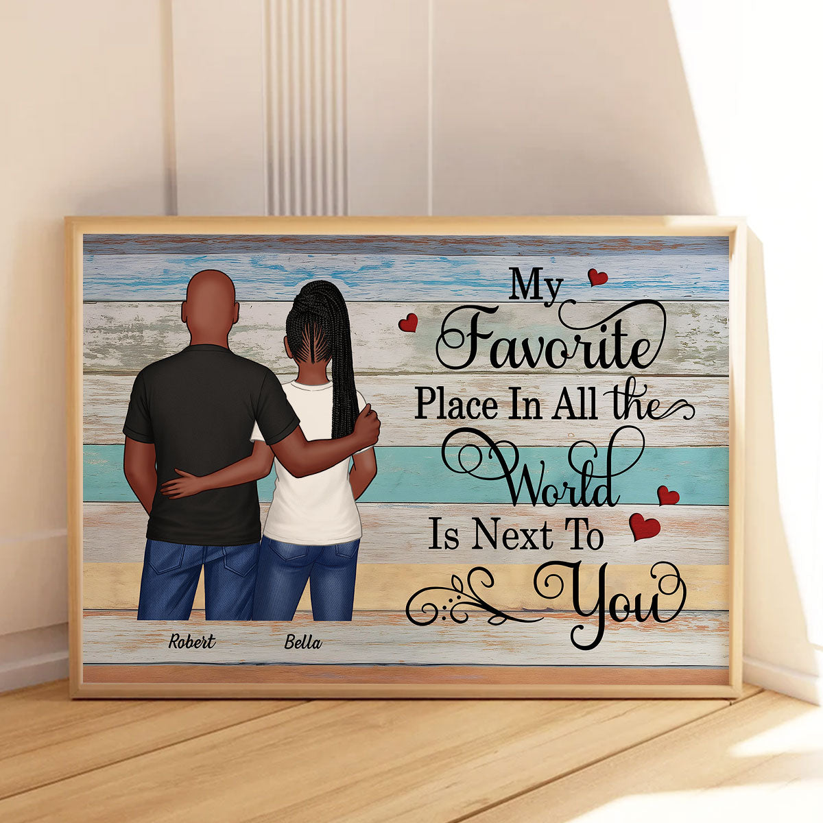 Couple Standing Back View Colorful Wood Pallets Personalized Poster
