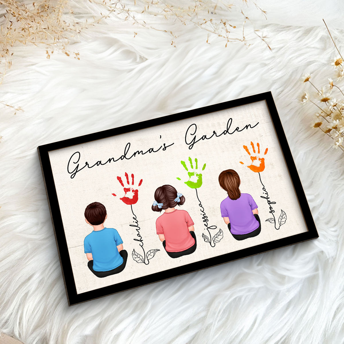 Grandma Garden Handprints Kids Sitting Back View Personalized 2-layer Wooden Plaque