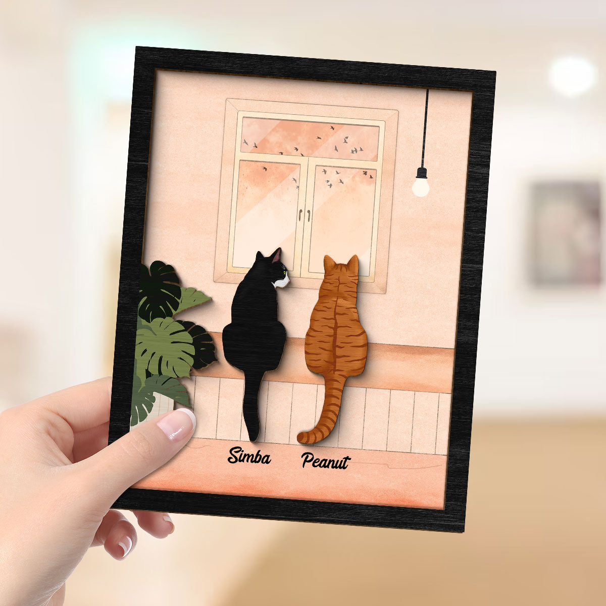 Cat Portrait Print Looking At Birds Outside Window Personalized 2-Layer Wooden Plaque