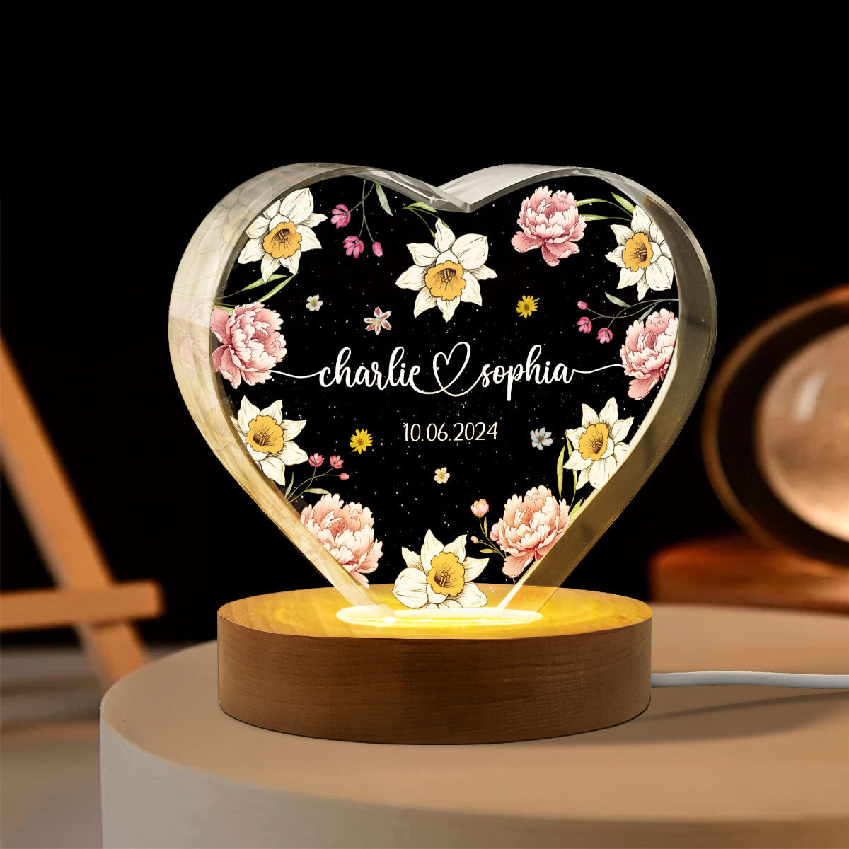 Couple Name Birth Month Flower Premium Crystal Heart LED, Unique Personalized Gift For Couple, For Him, For Her, Perfect Last-minute Valentine's Gift, Free Delivery