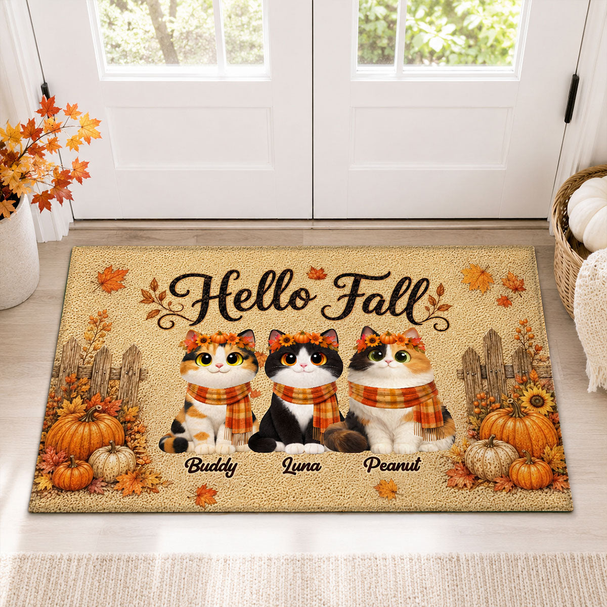 Cozy Warm Fall Season Hello Fall Cute Cats - Personalized Doormat - Fall Decor For Cat Lovers