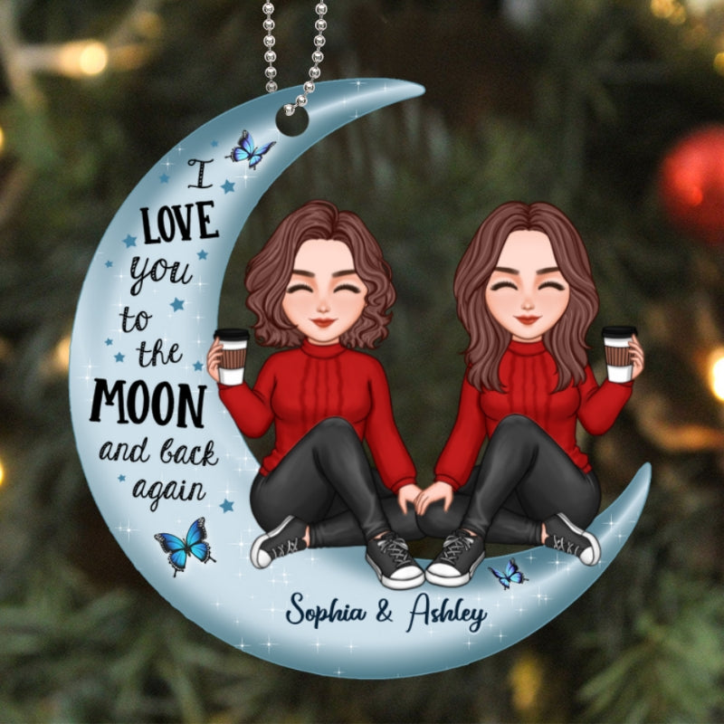 Cute Doll Besties On Moon Gift For Best Friend Personalized Acrylic Ornament