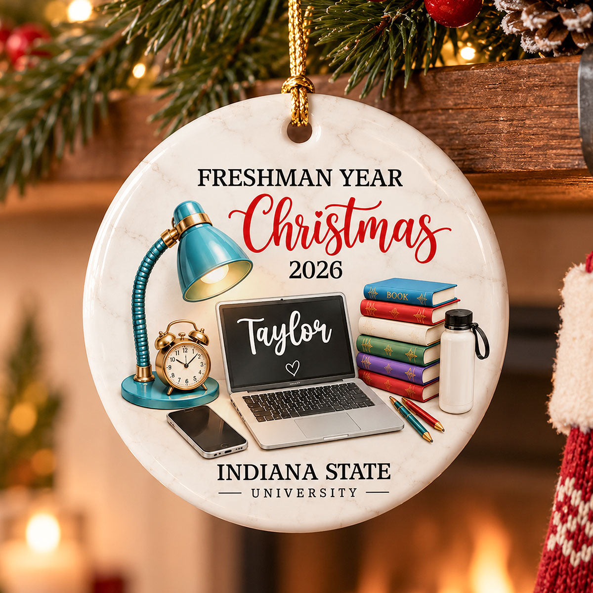 Freshman Year Christmas Study Desk – Personalized Ceramic Ornament – College Student Christmas Gift, First Year Keepsake