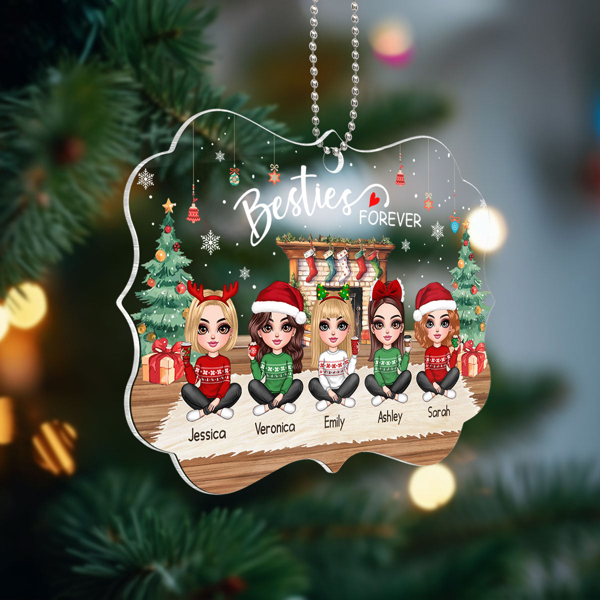 Pretty Friends Sisters Besties At Fireplace Personalized Acrylic Ornament, Christmas Gift