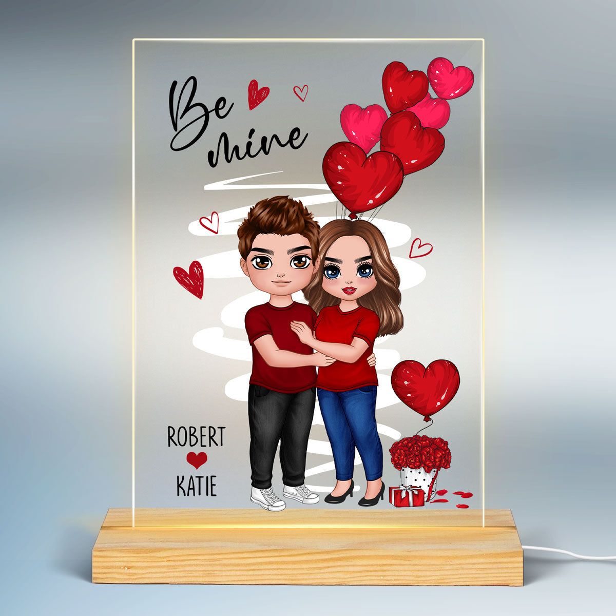Be Mine Standing Embracing Doll Couple Personalized Plaque LED Night Light - Gift For Him Gift For Her