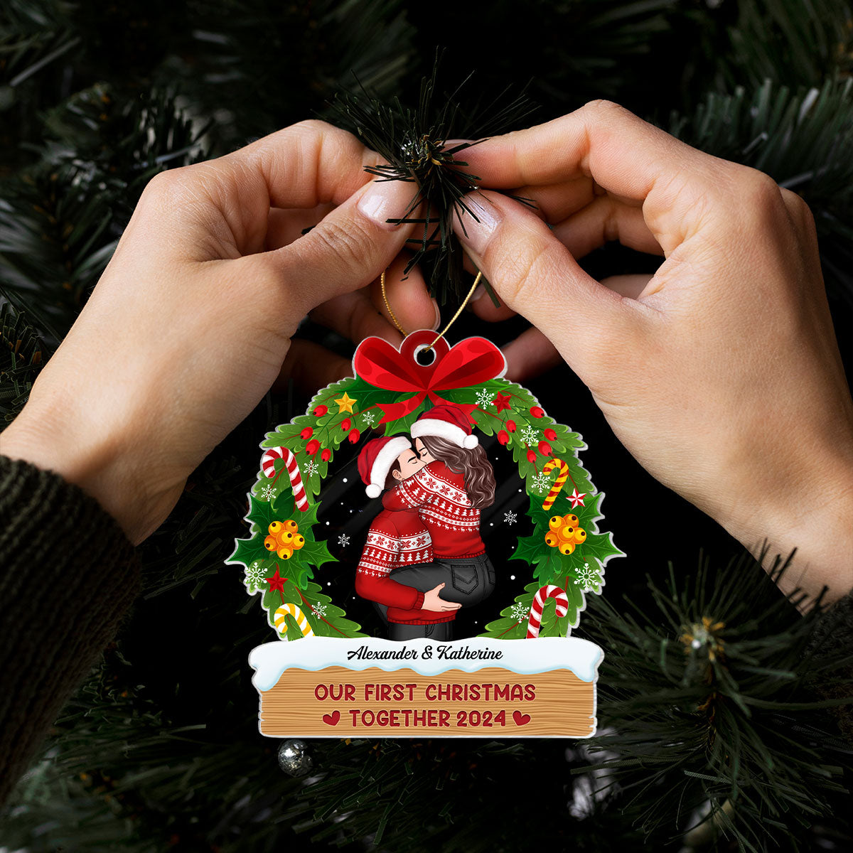 Hugging Kissing Couple Christmas Wreath Personalized Acrylic Ornament, Christmas Gift For Him For Her