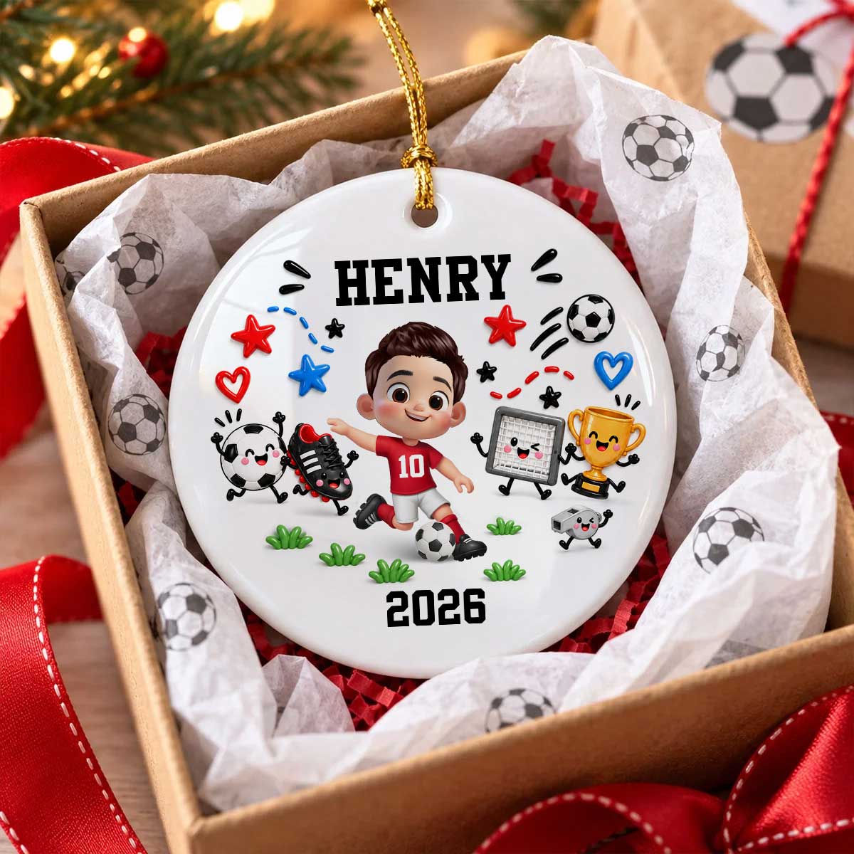 Cute Things Soccer Player 2D Flat Printed- Personalized Ceramic Ornament - Christmas Gift For Son, Grandson, Daughter, Granddaughter