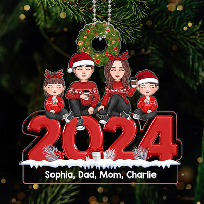 Christmas 2024 Cute Family Dad Mom Kids Dogs Cats Sitting Personalized Acrylic Ornament