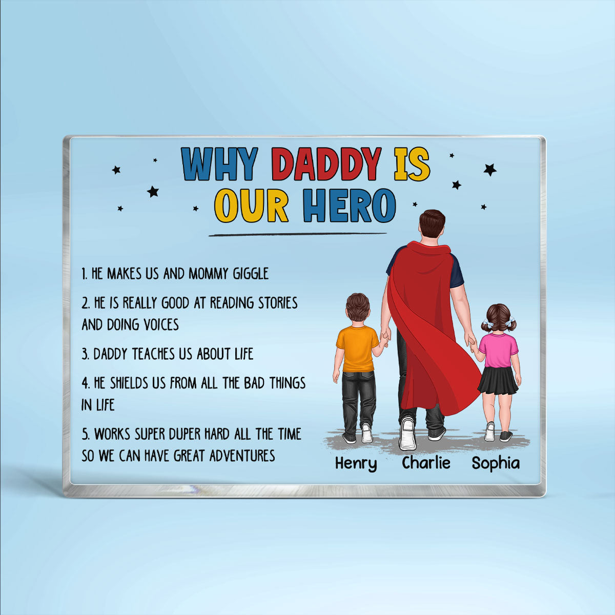 Why Daddy Is My Hero Family Walking Back View Personalized Horizontal Rectangle Acrylic Block Plaque