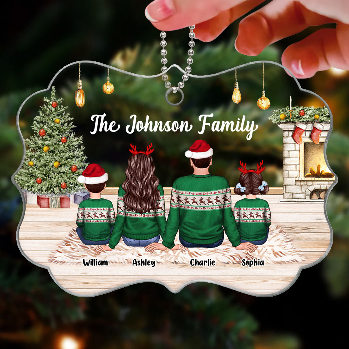 Family Back View Wearing Ugly Sweater In House Personalized Acrylic Ornament