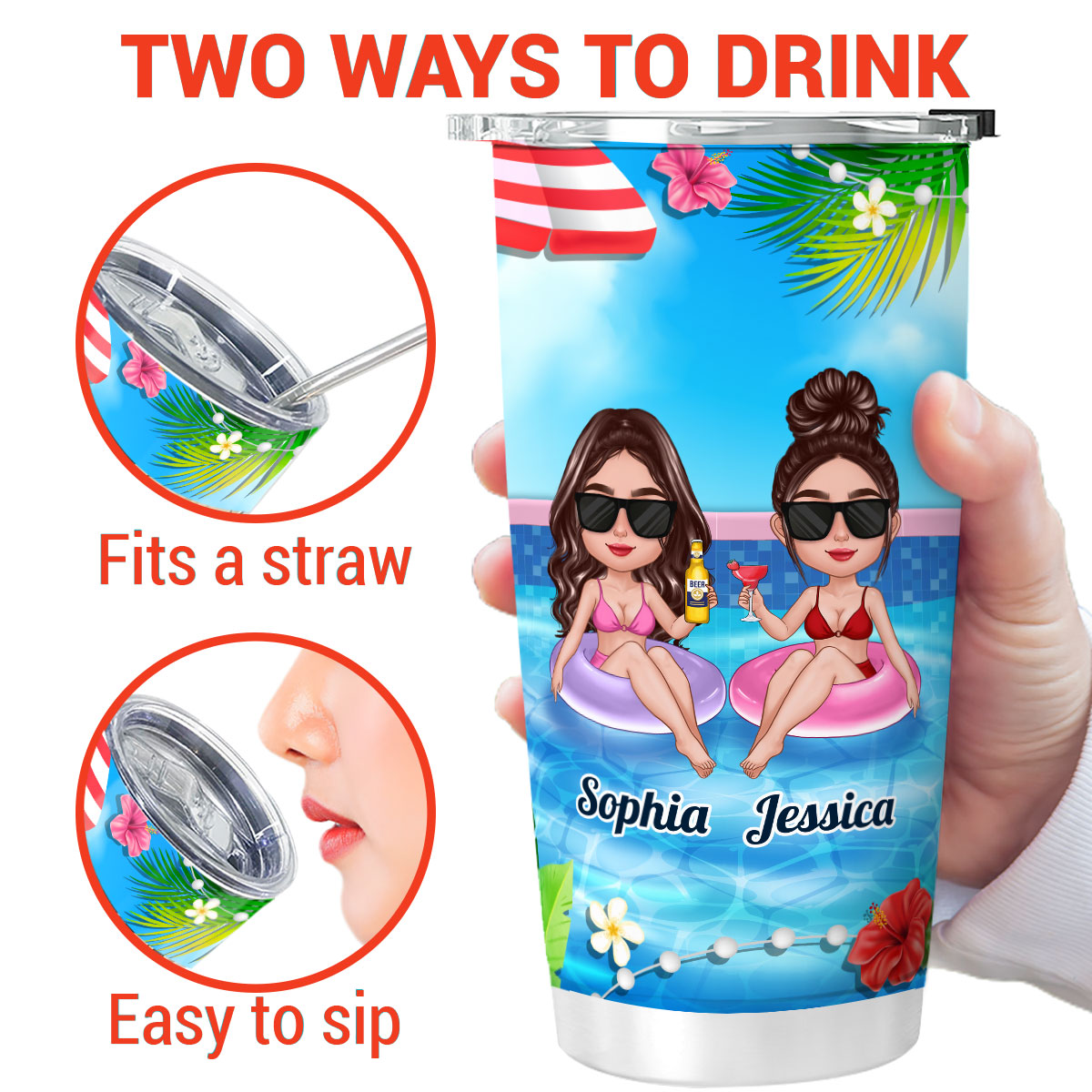Summer Doll Besties In Pool Here‘s To Another Year Of Bonding Over Alcohol Personalized Tumbler