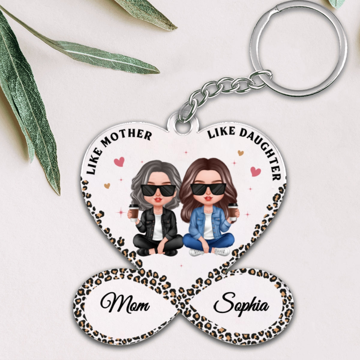 Leopard Heart Infinity Mother Daughters Personalized Acrylic Keychain