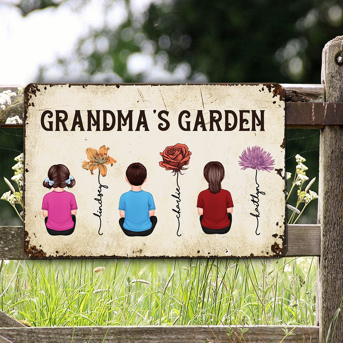 Grandkids Sitting Grandma Garden Vintage Birth Month Flowers Personalized Metal Sign