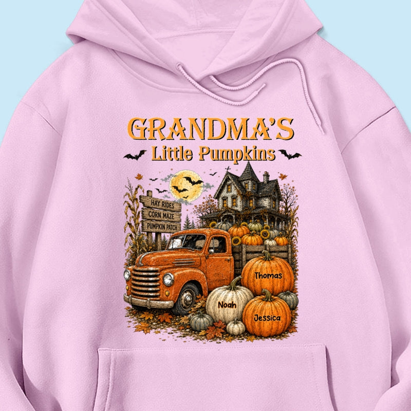 Retro Vintage Farmhouse Halloween Town Style Grandma's Little Pumpkins Truck - Personalized Shirt - Halloween Gift For Grandma