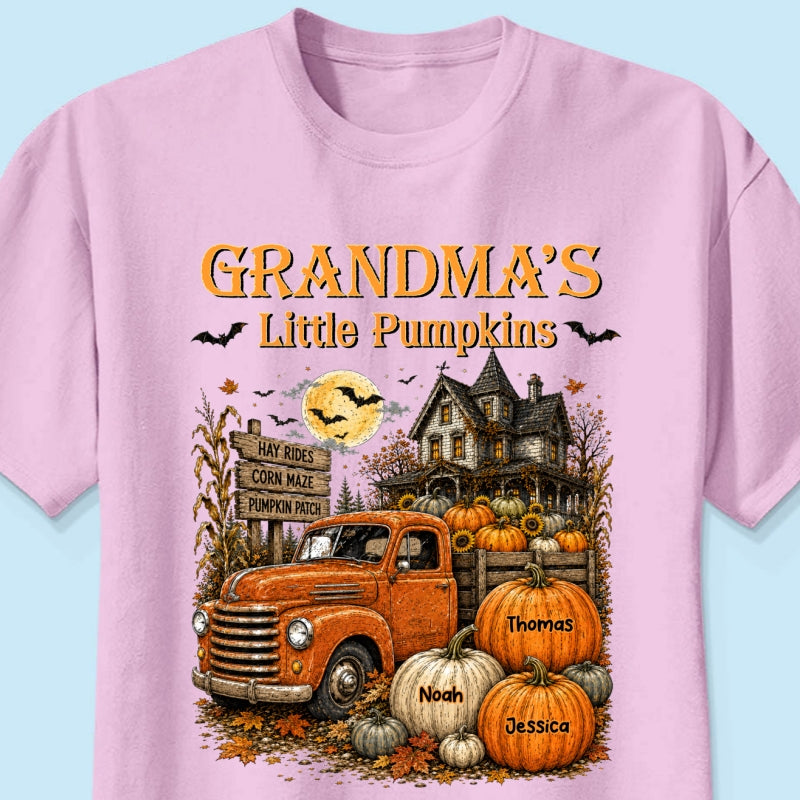 Retro Vintage Farmhouse Halloween Town Style Grandma's Little Pumpkins Truck - Personalized Shirt - Halloween Gift For Grandma