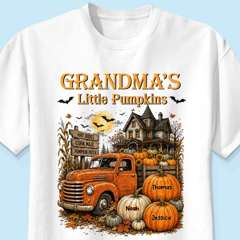 Retro Vintage Farmhouse Halloween Town Style Grandma's Little Pumpkins Truck - Personalized Shirt - Halloween Gift For Grandma