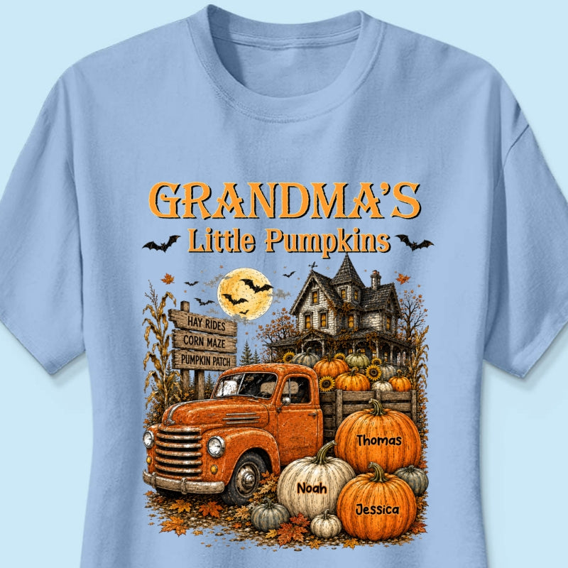 Retro Vintage Farmhouse Halloween Town Style Grandma's Little Pumpkins Truck - Personalized Shirt - Halloween Gift For Grandma