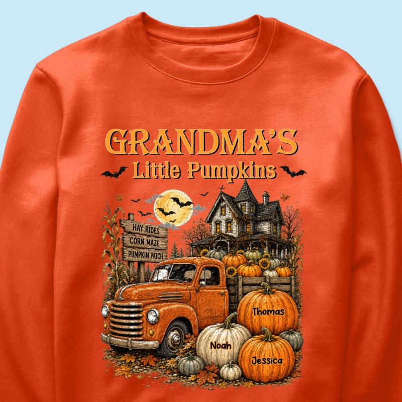 Retro Vintage Farmhouse Halloween Town Style Grandma's Little Pumpkins Truck - Personalized Shirt - Halloween Gift For Grandma